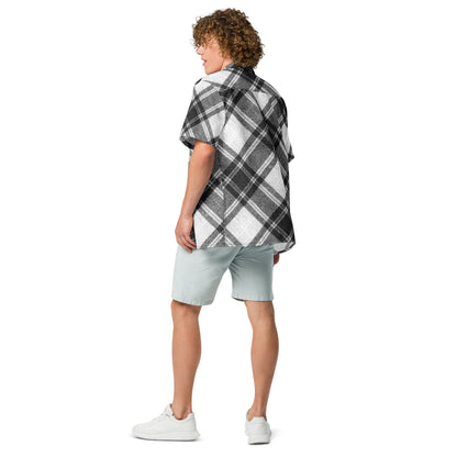 Stylish unisex black and white plaid short-sleeve shirt on a white background BACK