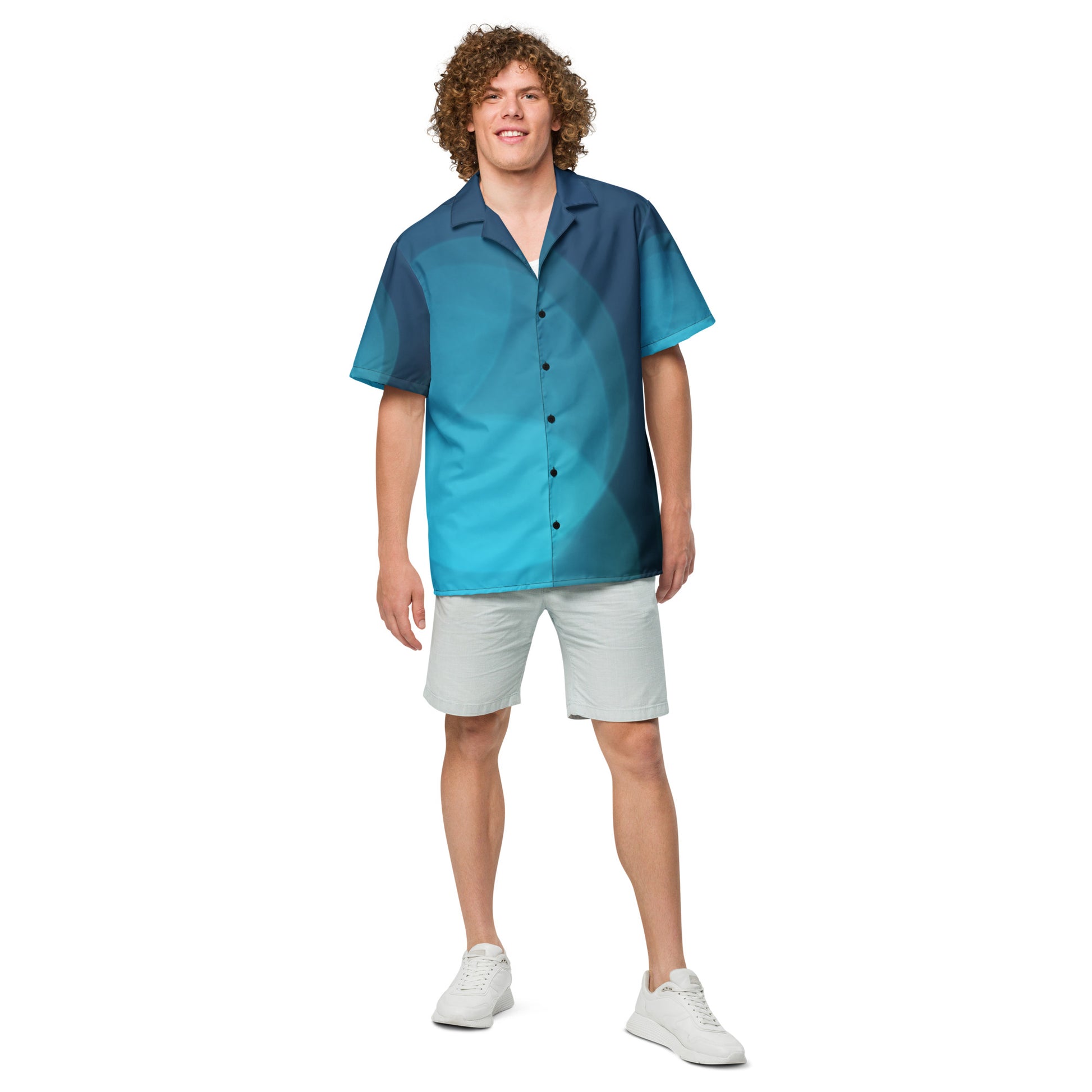 The HFT Unisex Button Shirt I in gradient shades of blue, designed with short sleeves and a sleek button-up front, made from lightweight, moisture-wicking fabric for ultimate summer comfort front