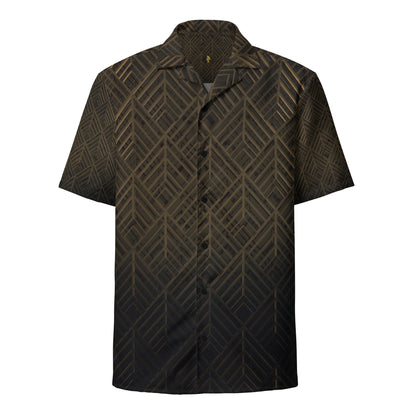 HFT Unisex Button Shirt with a geometric pattern in black and gold, featuring a relaxed collar and button-up front 