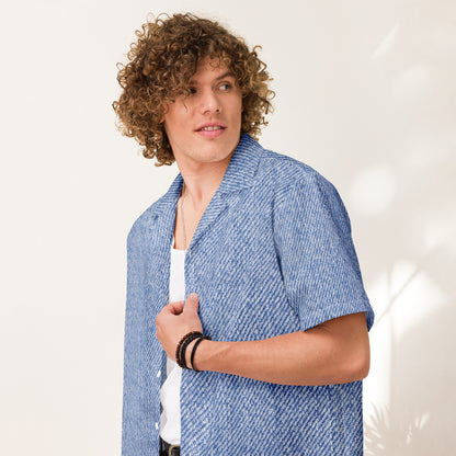 Stylish unisex blue heathered button-down shirt with a crisp collar and clean button front, perfect for versatile fashion front man