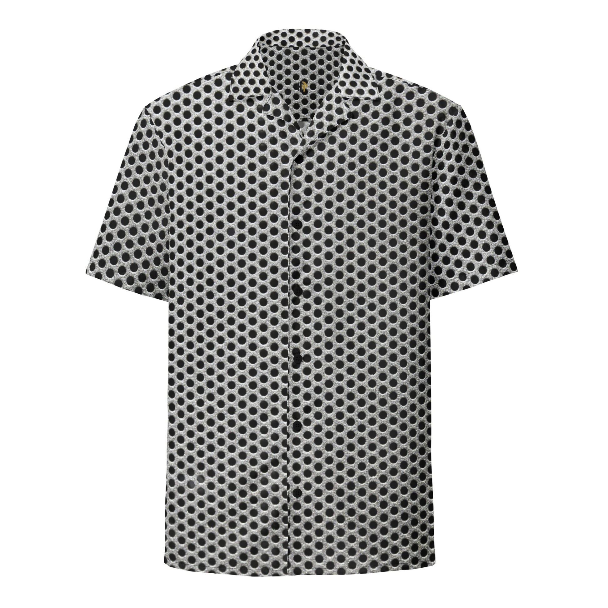 HFT Unisex Button Shirt V with a distinctive black and white polka dot design, offering a lightweight and moisture-wicking fabric, ideal for summer comfort front