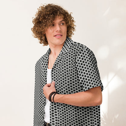 HFT Unisex Button Shirt V with a distinctive black and white polka dot design, offering a lightweight and moisture-wicking fabric, ideal for summer comfort  front