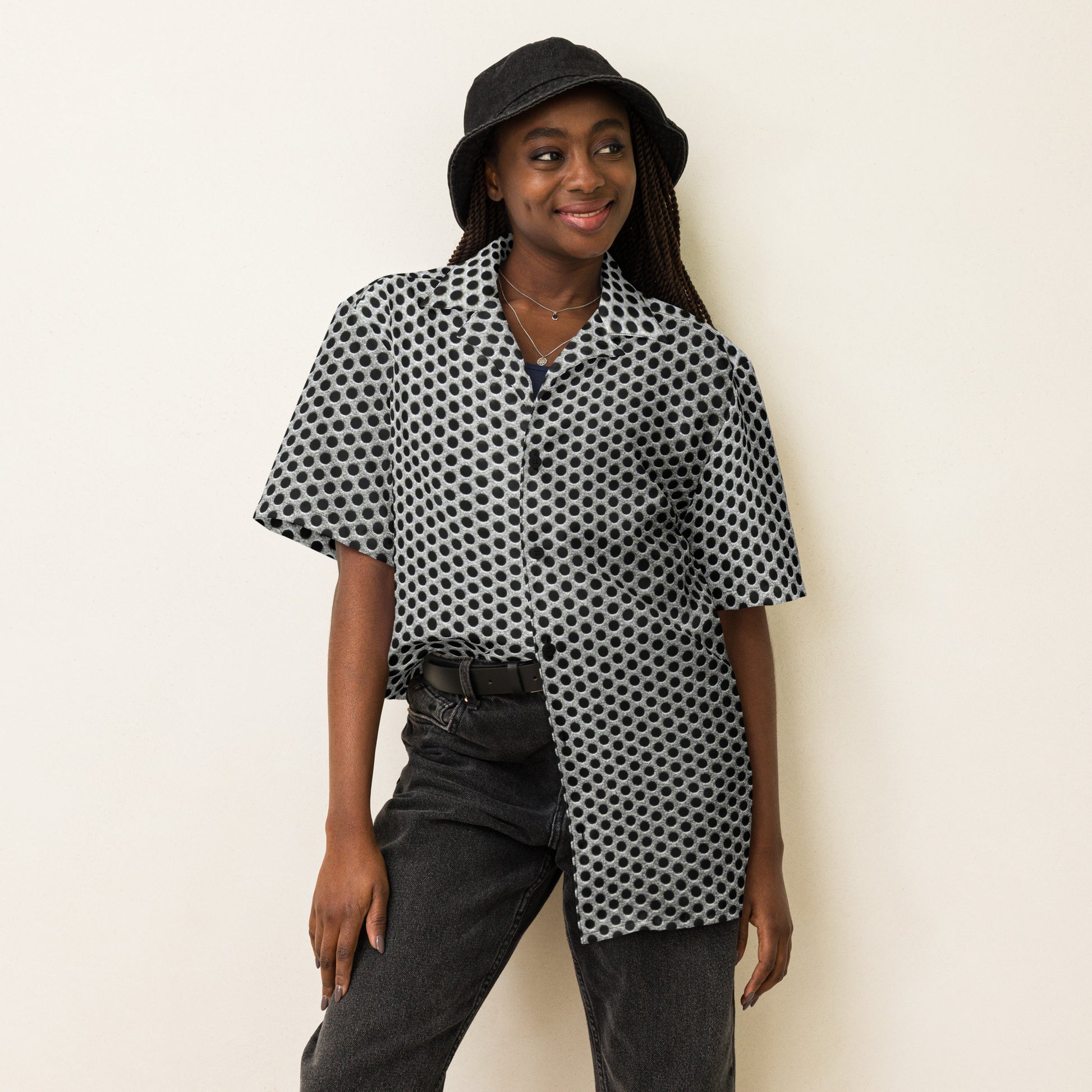 HFT Unisex Button Shirt V with a distinctive black and white polka dot design, offering a lightweight and moisture-wicking fabric, ideal for summer comfort  front