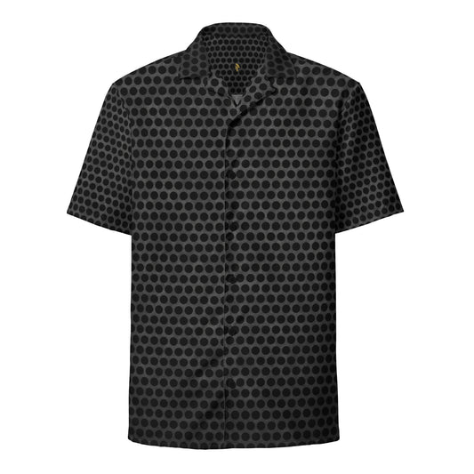 Unisex black button-up shirt with a subtle circular dot pattern, short sleeves, and a crisp pointed collar front