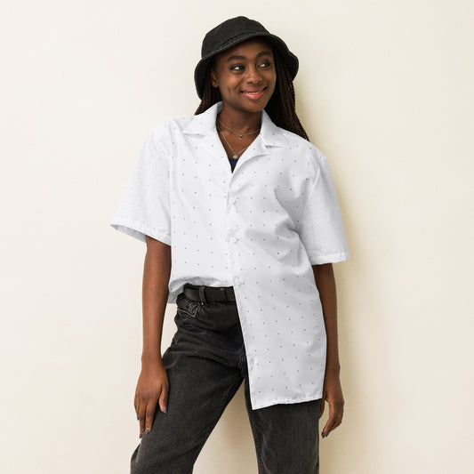 Crisp white unisex button-down shirt with a subtle black dot pattern, short sleeves, and a comfortable fit FEMALE FRONT