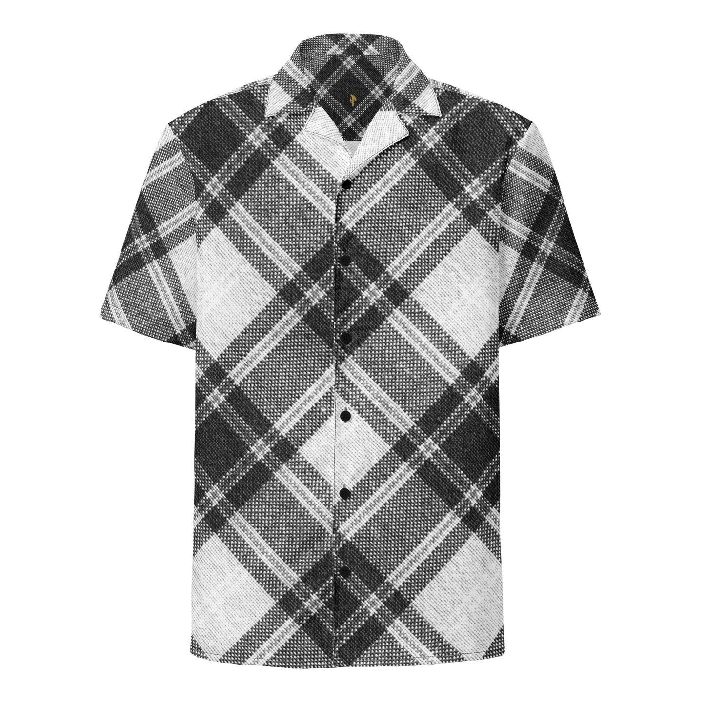 Stylish unisex black and white plaid short-sleeve shirt on a white background