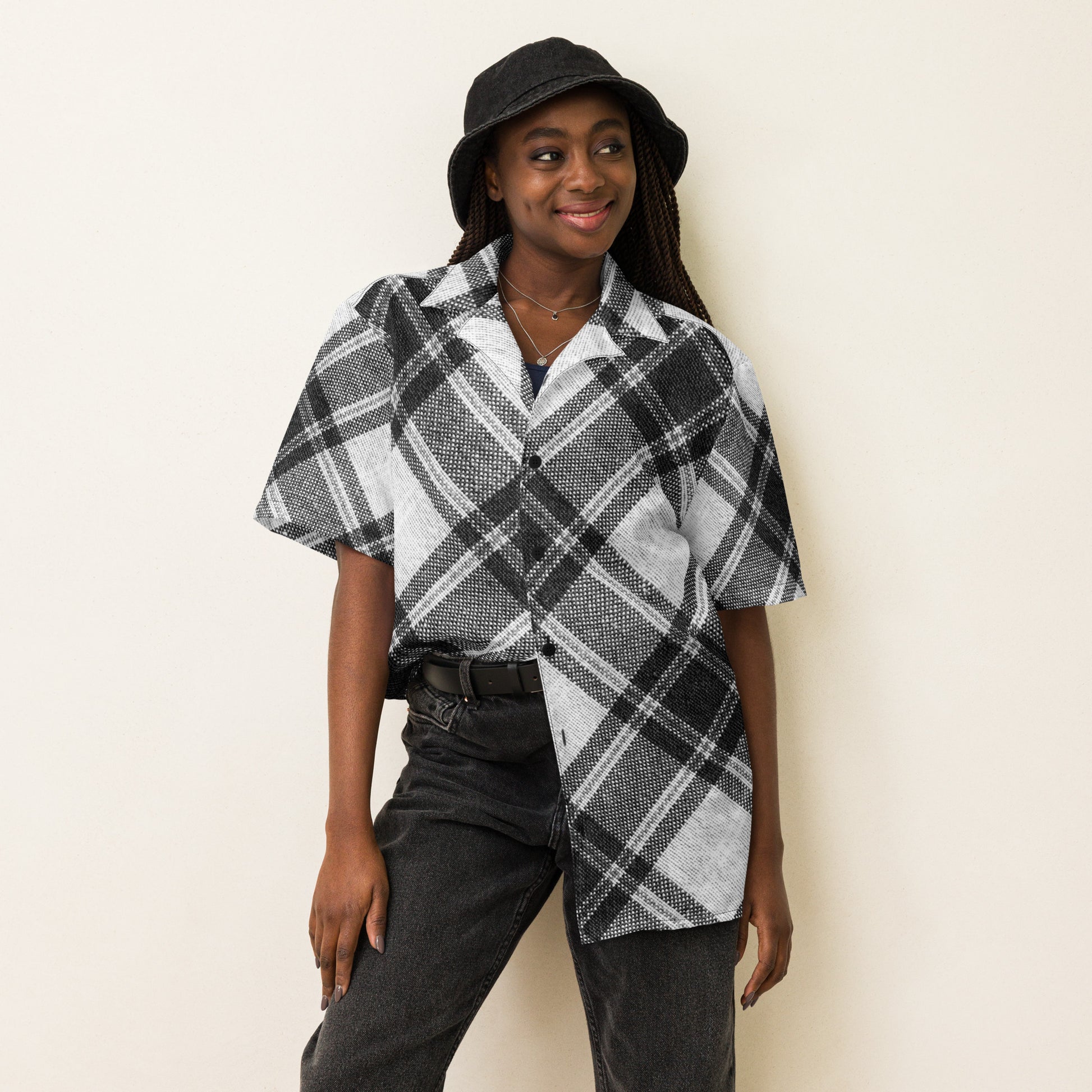 Stylish unisex black and white plaid short-sleeve shirt on a white background front