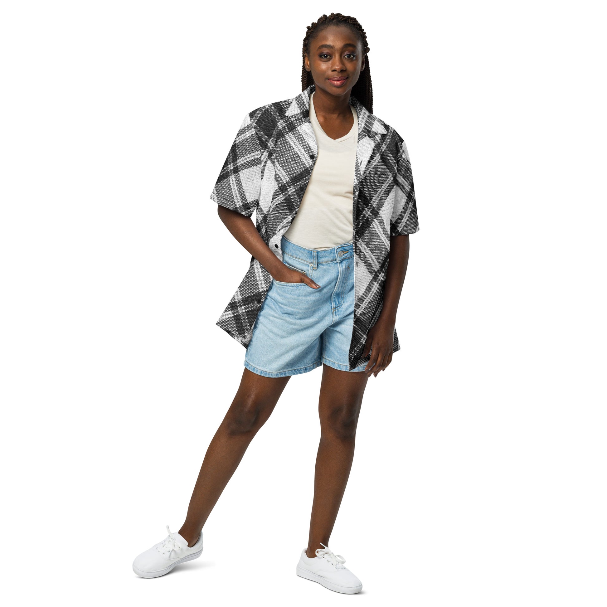 Stylish unisex black and white plaid short-sleeve shirt on a white background front