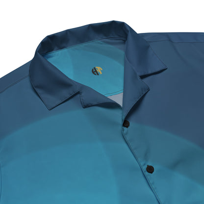 The HFT Unisex Button Shirt I in gradient shades of blue, designed with short sleeves and a sleek button-up front, made from lightweight, moisture-wicking fabric for ultimate summer comfort product detail