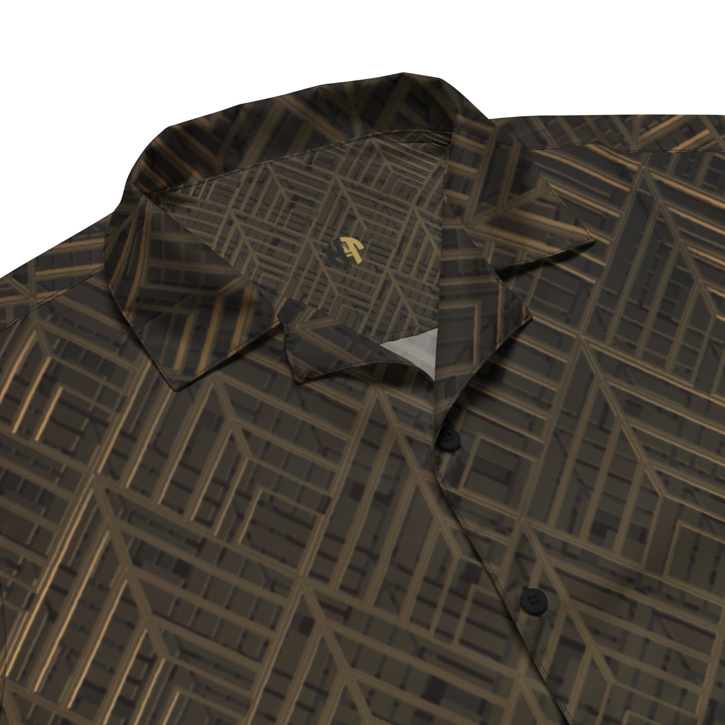 HFT Unisex Button Shirt with a geometric pattern in black and gold, featuring a relaxed collar and button-up front product detail