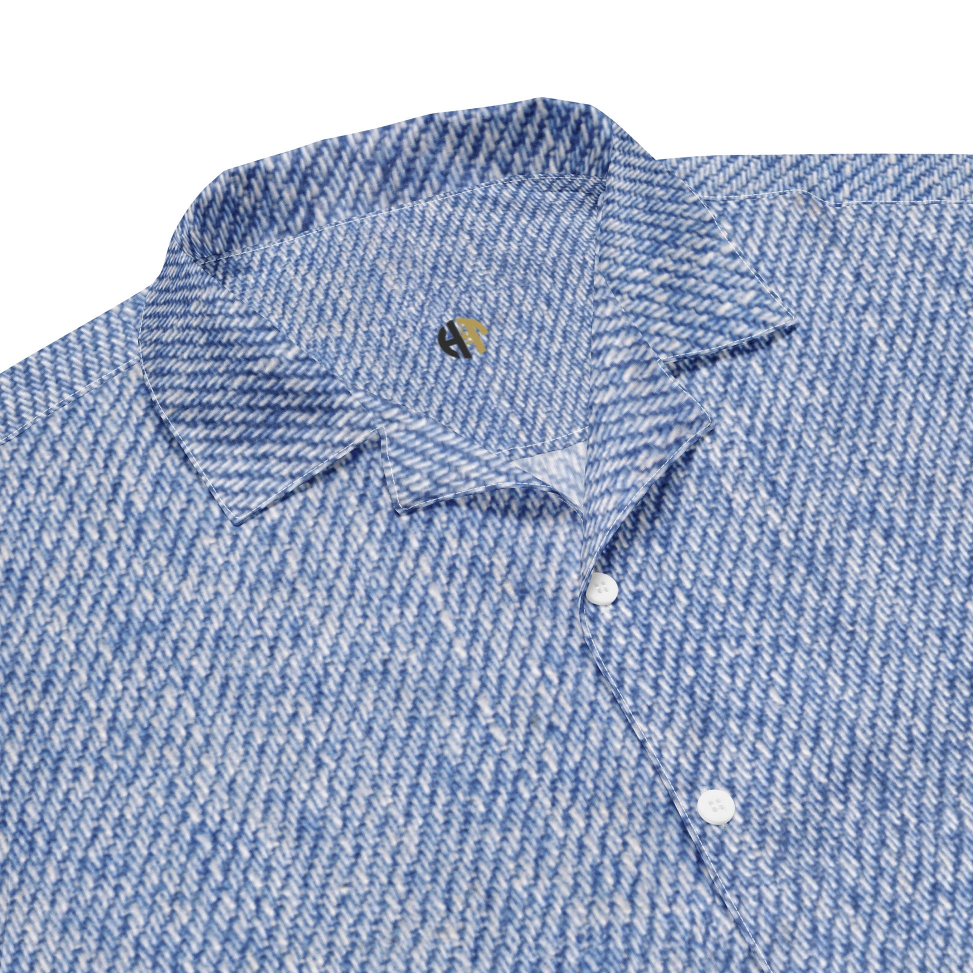 Stylish unisex blue heathered button-down shirt with a crisp collar and clean button front, perfect for versatile fashion front