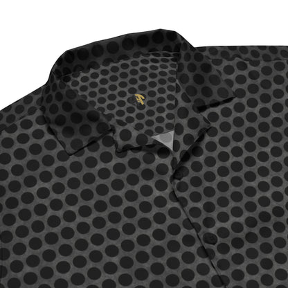 Unisex black button-up shirt with a subtle circular dot pattern, short sleeves, and a crisp pointed collar. details