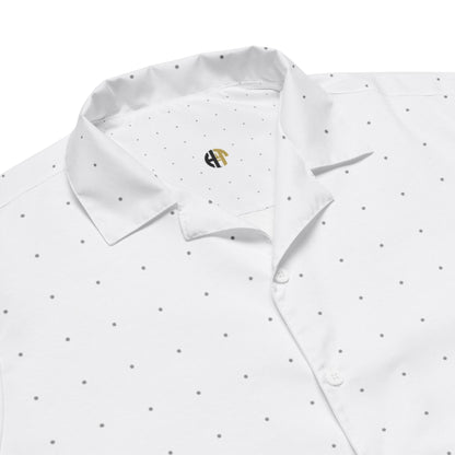 Crisp white unisex button-down shirt with a subtle black dot pattern, short sleeves, and a comfortable fit detail