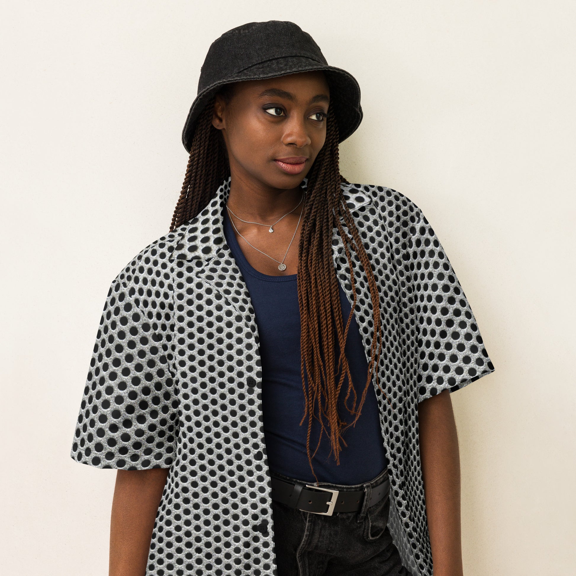 HFT Unisex Button Shirt V with a distinctive black and white polka dot design, offering a lightweight and moisture-wicking fabric, ideal for summer comfort  front woman