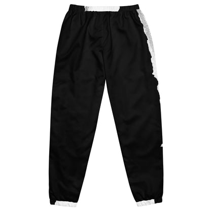 Stylish black and white HFT unisex track pants with water-resistant and lightweight fabric, featuring elastic ankle cuffs and mesh lining, laid flat black black