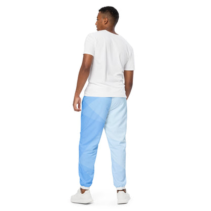 legant HFT Unisex Track Pants III in a color-block design with white and light blue panels, featuring water-resistant fabric, mesh lining, and elastic ankle cuffs back