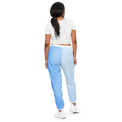 legant HFT Unisex Track Pants III in a color-block design with white and light blue panels, featuring water-resistant fabric, mesh lining, and elastic ankle cuffs back