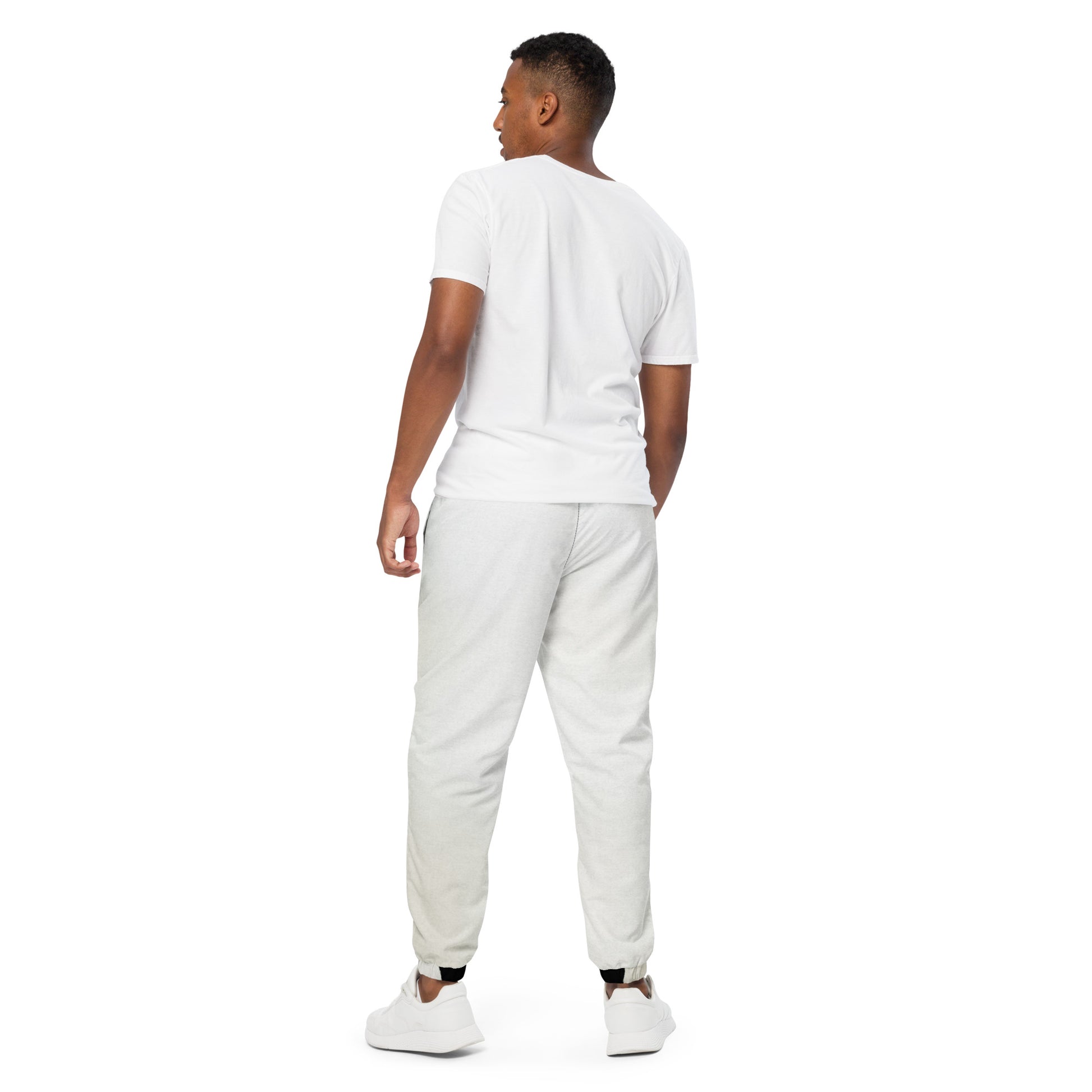 Pair of HFT Unisex Track Pants IV in a crisp white color with contrasting black side stripes, elastic waistband, and cuffs, laid flat on a white background back