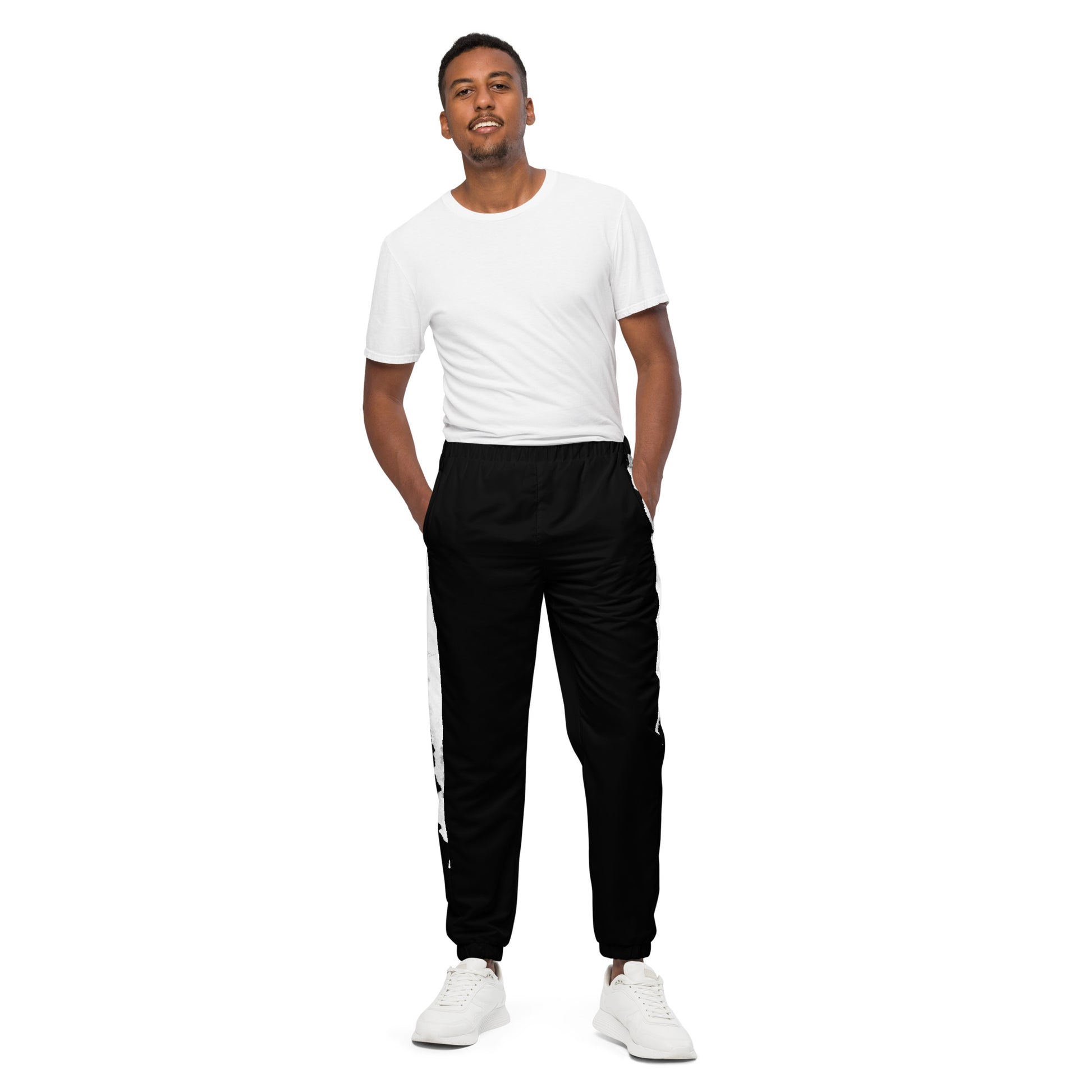 Stylish black and white HFT unisex track pants with water-resistant and lightweight fabric, featuring elastic ankle cuffs and mesh lining, laid flat front