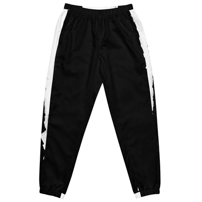 Stylish black and white HFT unisex track pants with water-resistant and lightweight fabric, featuring elastic ankle cuffs and mesh lining, laid flat front