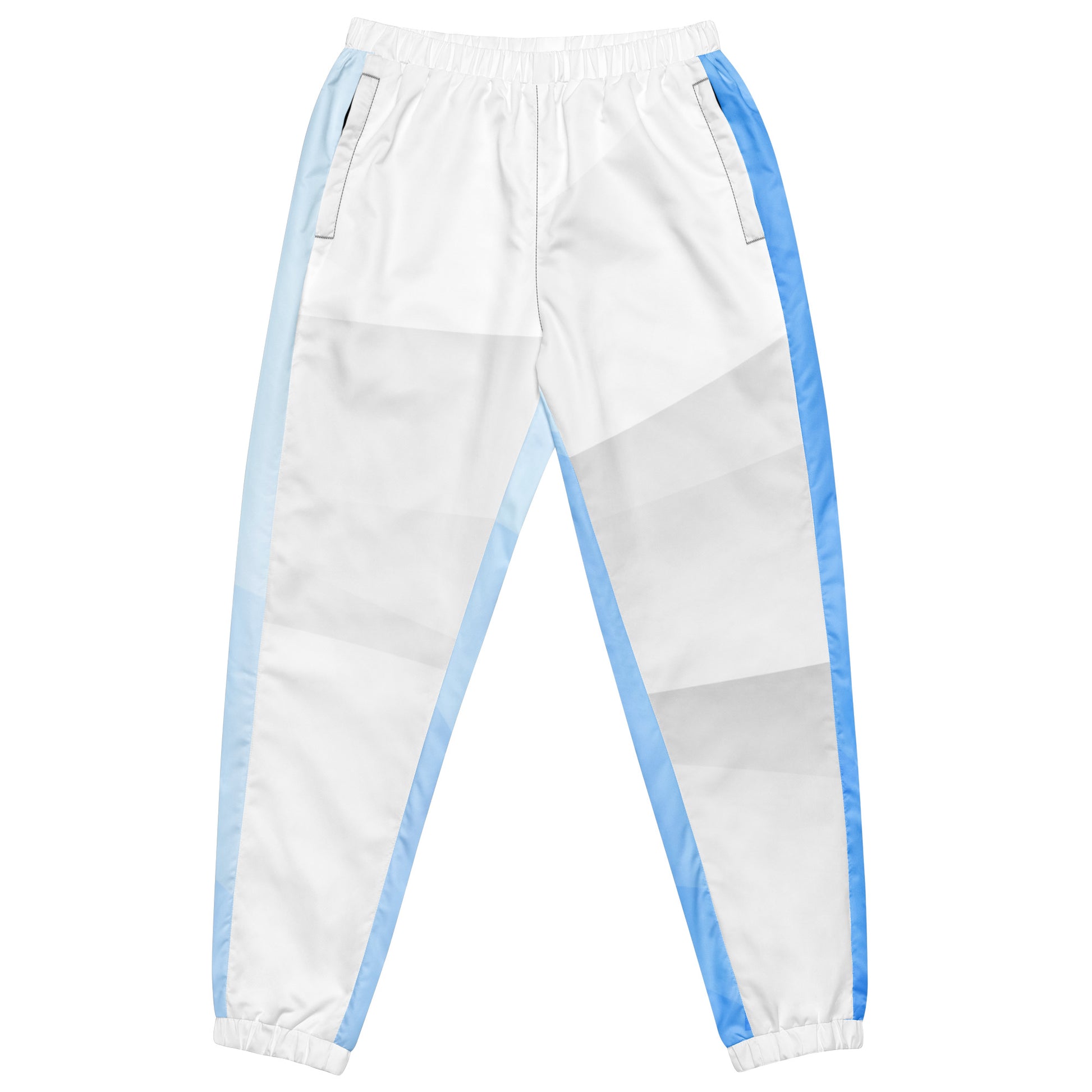 legant HFT Unisex Track Pants III in a color-block design with white and light blue panels, featuring water-resistant fabric, mesh lining, and elastic ankle cuffs