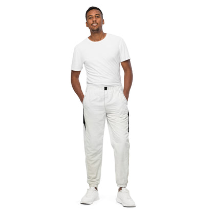 Pair of HFT Unisex Track Pants IV in a crisp white color with contrasting black side stripes, elastic waistband, and cuffs, laid flat on a white background front