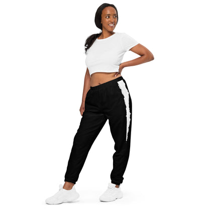 Stylish black and white HFT unisex track pants with water-resistant and lightweight fabric, featuring elastic ankle cuffs and mesh lining, laid flat left front