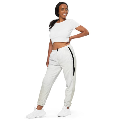 Pair of HFT Unisex Track Pants IV in a crisp white color with contrasting black side stripes, elastic waistband, and cuffs, laid flat on a white background left front