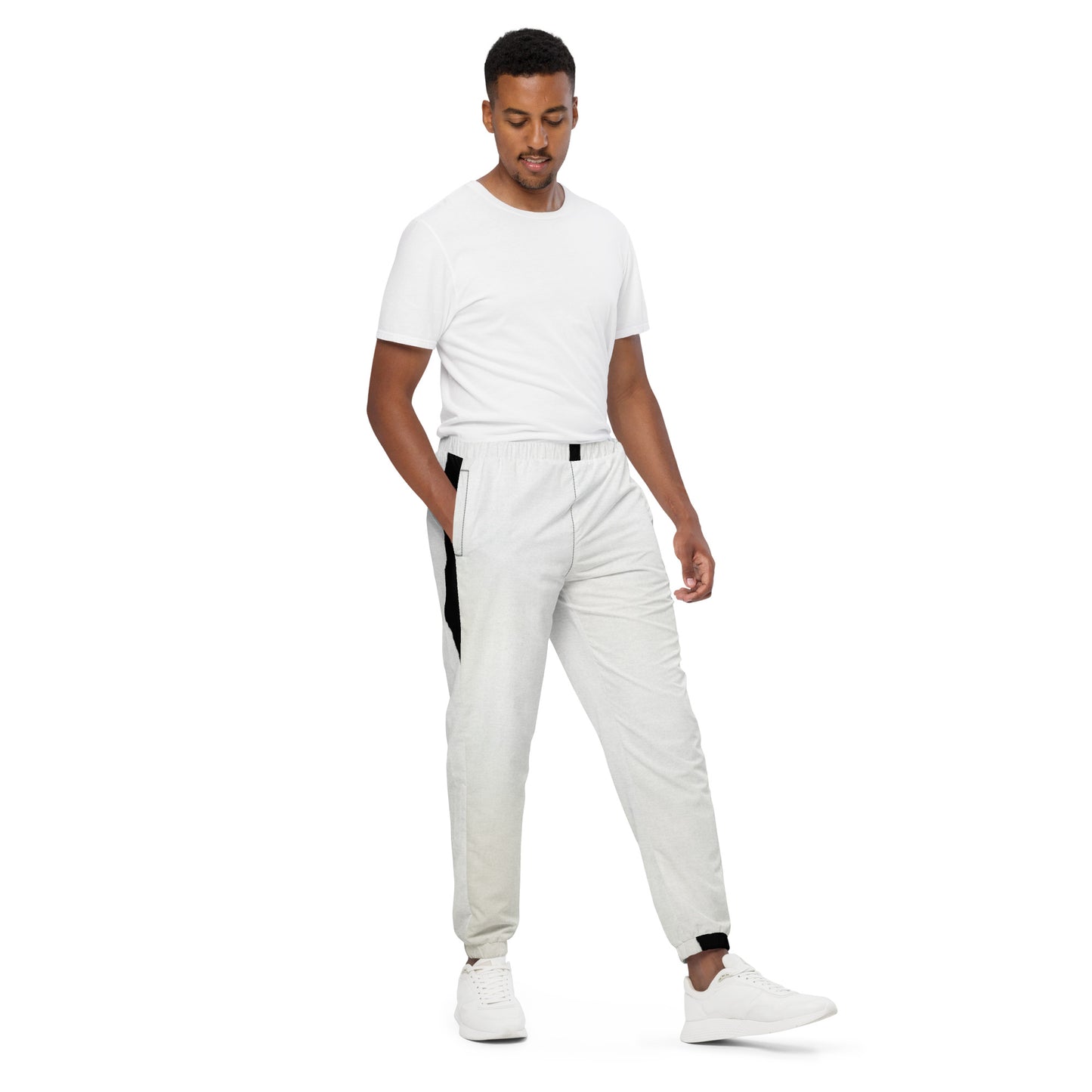 Pair of HFT Unisex Track Pants IV in a crisp white color with contrasting black side stripes, elastic waistband, and cuffs, laid flat on a white background right front