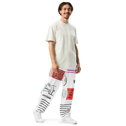 Trendy unisex HFT wide-leg joggers with an all-over postal print design, featuring a mix of U.S. postage paid stamps and permit labels, in a black, red, and blue color scheme on a white background male