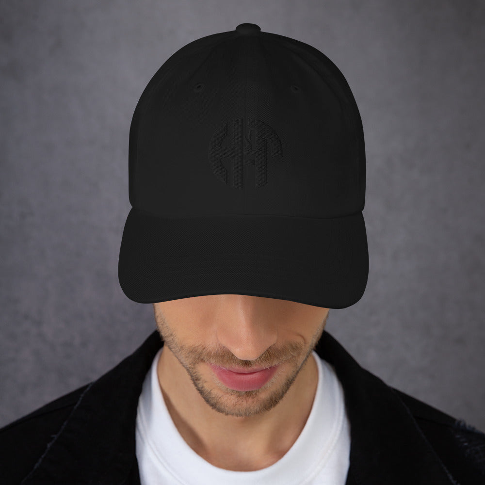 classic dad hat with a subtle, tonal embroidered logo on the front panel, featuring a curved brim and six-panel design black front view