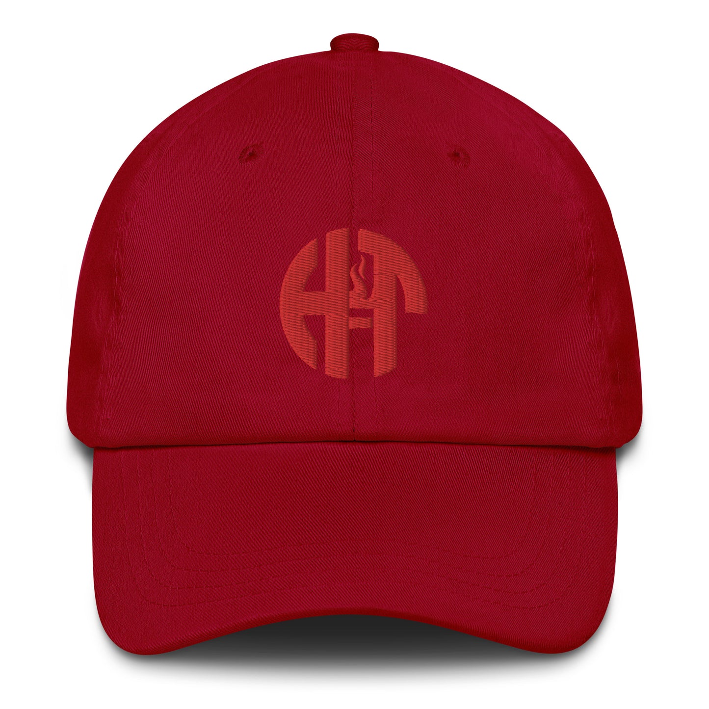 classic dad hat with a subtle, tonal embroidered logo on the front panel, featuring a curved brim and six-panel design cranberry front view