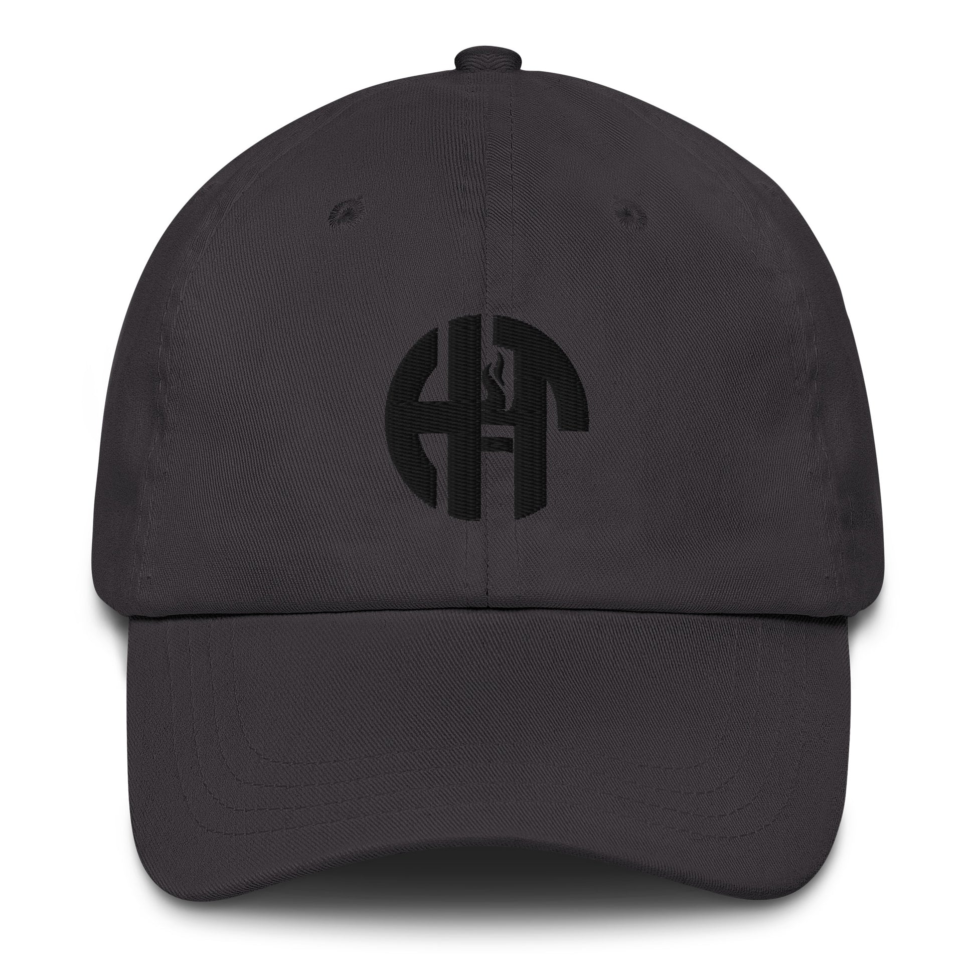 classic dad hat with a subtle, tonal embroidered logo on the front panel, featuring a curved brim and six-panel design dark grey front