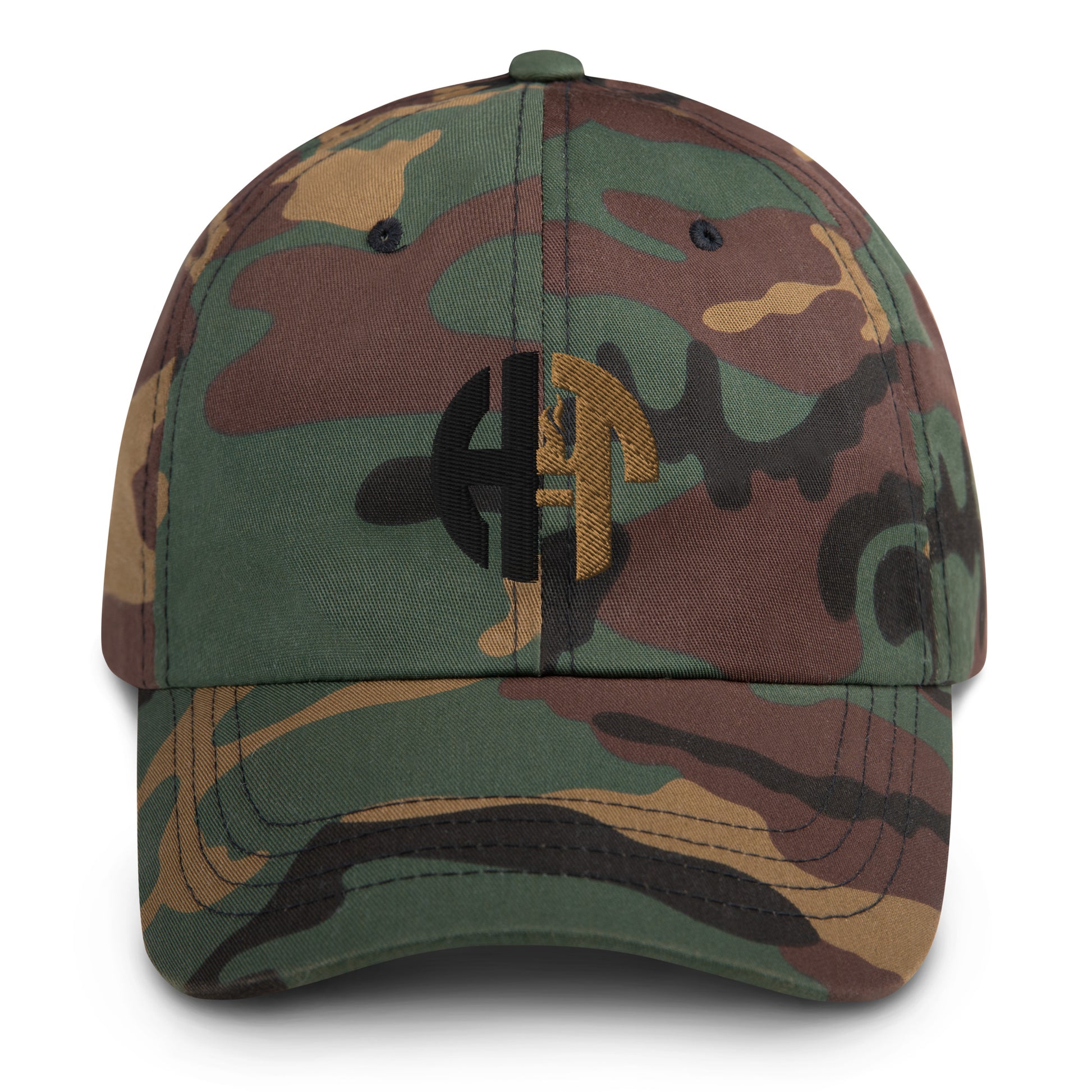 classic dad hat with a subtle, tonal embroidered logo on the front panel, featuring a curved brim and six-panel design green camo front view