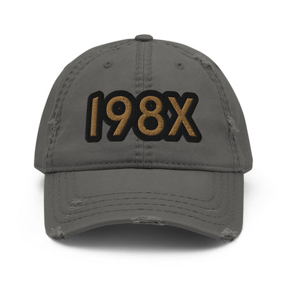 Unisex '198X' dad hat with a vintage distressed look on the brim and crown, featuring a contrasting HFT logo at the back grey