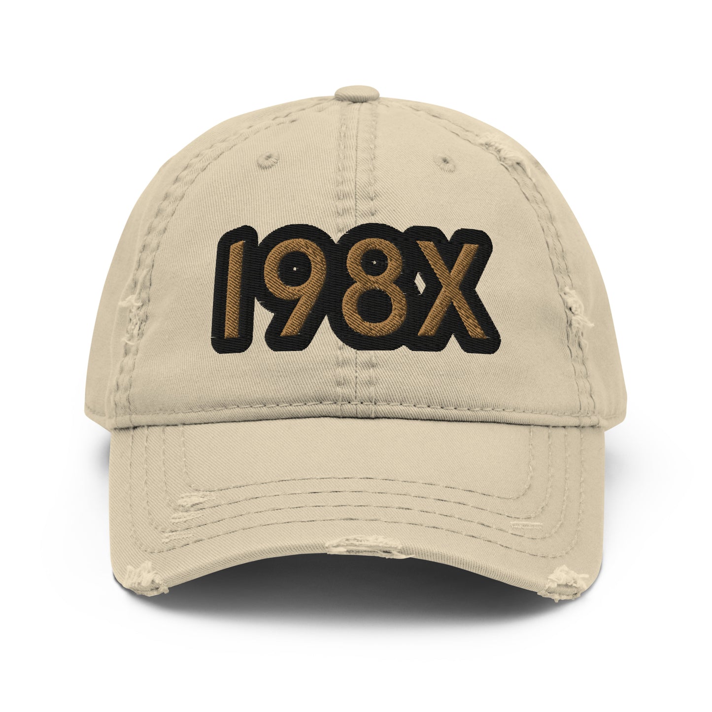 Unisex '198X' dad hat with a vintage distressed look on the brim and crown, featuring a contrasting HFT logo at the back khaki front