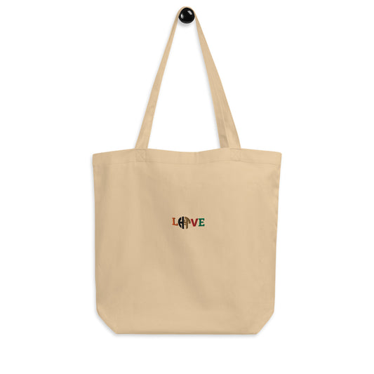 Eco-friendly unisex beige organic cotton tote bag with HFT logo styled as 'LOVE' printed on the front, showcasing ample space, perfect for carrying groceries or books