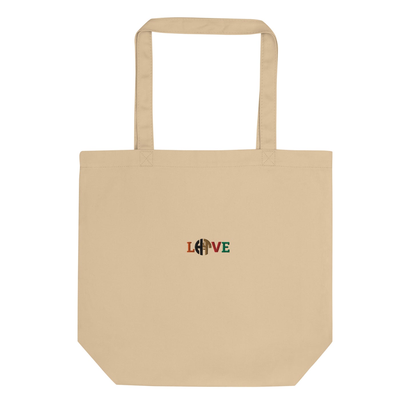 Eco-friendly unisex beige organic cotton tote bag with HFT logo styled as 'LOVE' printed on the front, showcasing ample space, perfect for carrying groceries or books