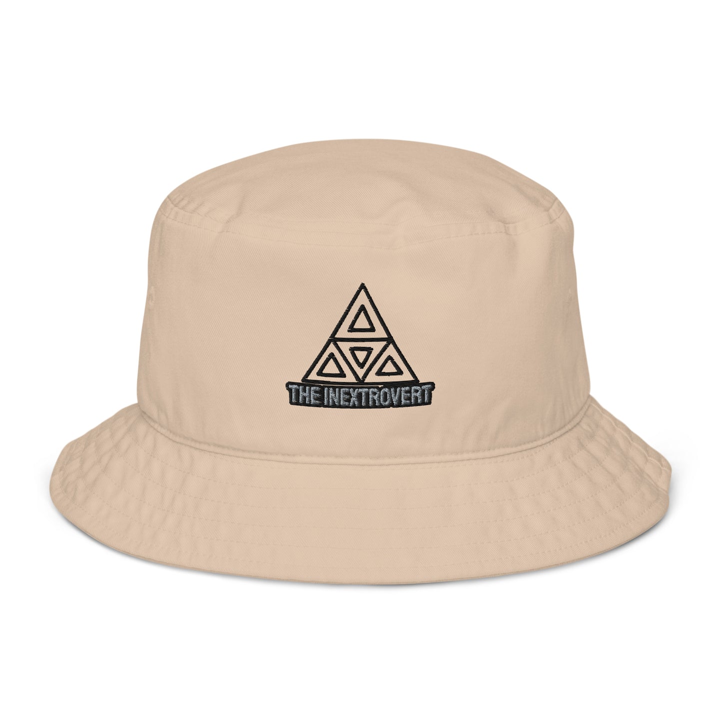 The Inextrovert Organic Bucket Hat made of 100% cotton twill with a boldtriangle logo, showcasing a minimalist and breathable design, casting a soft shadow on a bright surface stone front