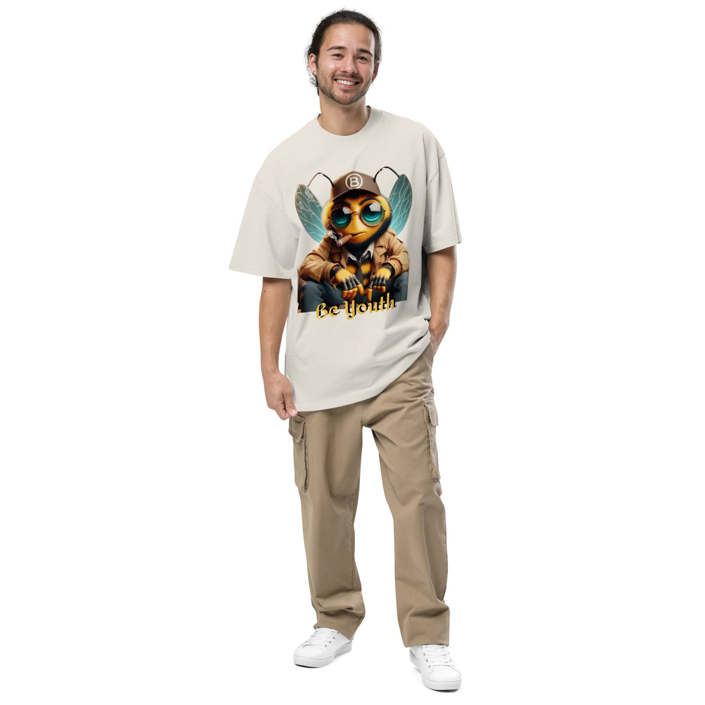 Mr Bee Be Youth Oversized Faded T-Shirt  faded bone front on model