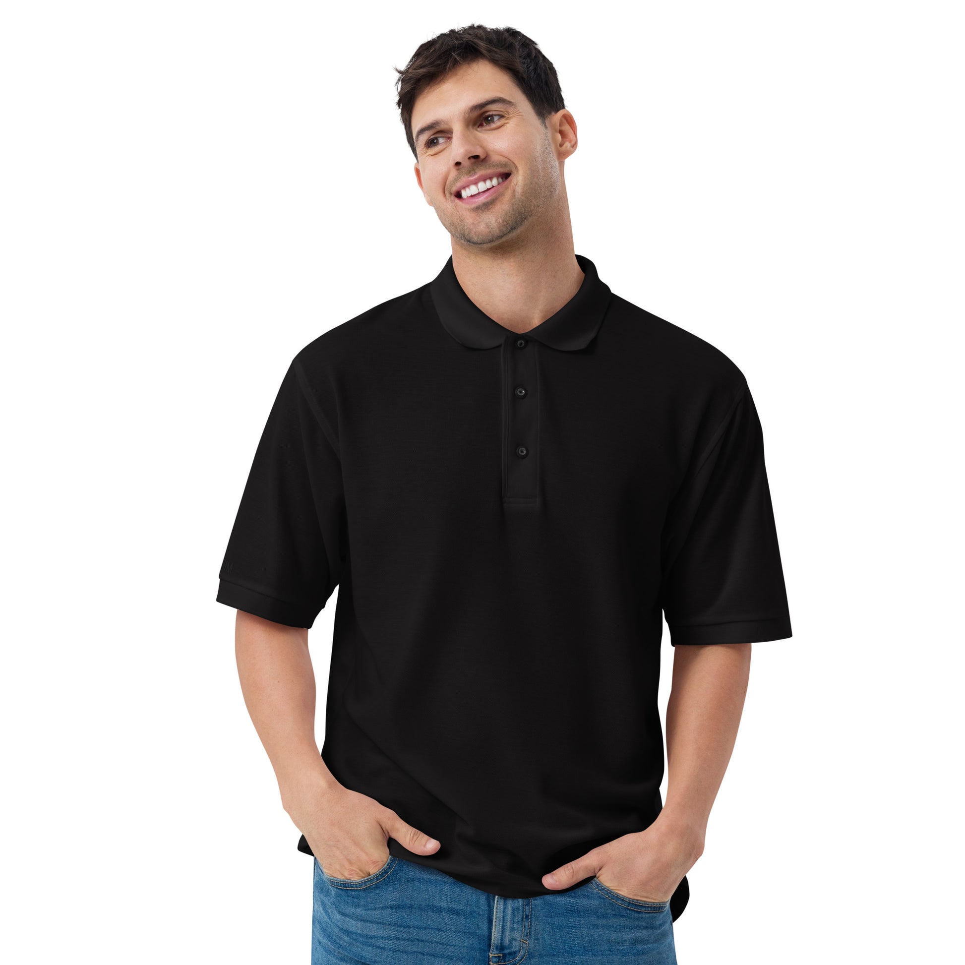 Port Authority Men's Premium Polo shirt in a relaxed fit, featuring a flat knit collar, metal buttons, and HFT store embroidery black front male model