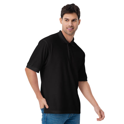 Port Authority Men's Premium Polo shirt in a relaxed fit, featuring a flat knit collar, metal buttons, and HFT store embroidery black front male model