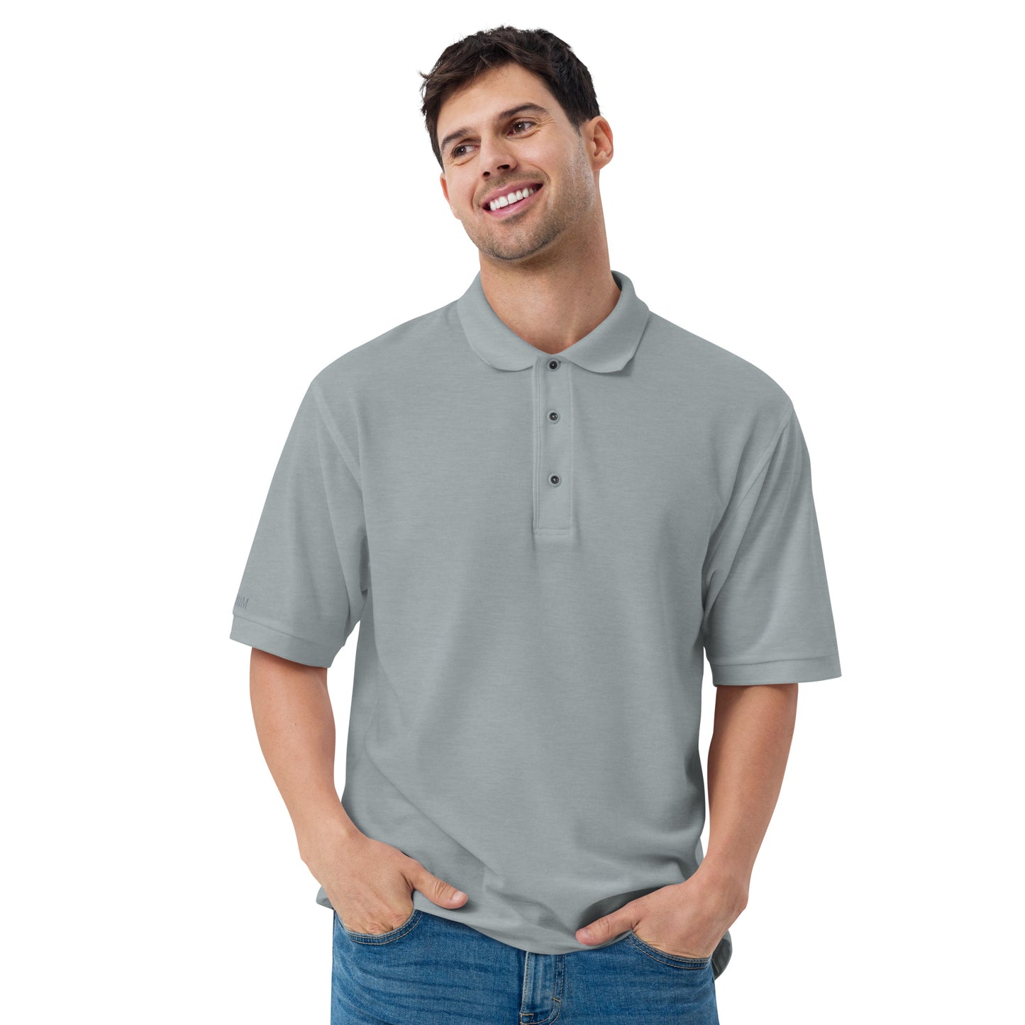 Port Authority Men's Premium Polo shirt in a relaxed fit, featuring a flat knit collar, metal buttons, and HFT store embroidery heather front