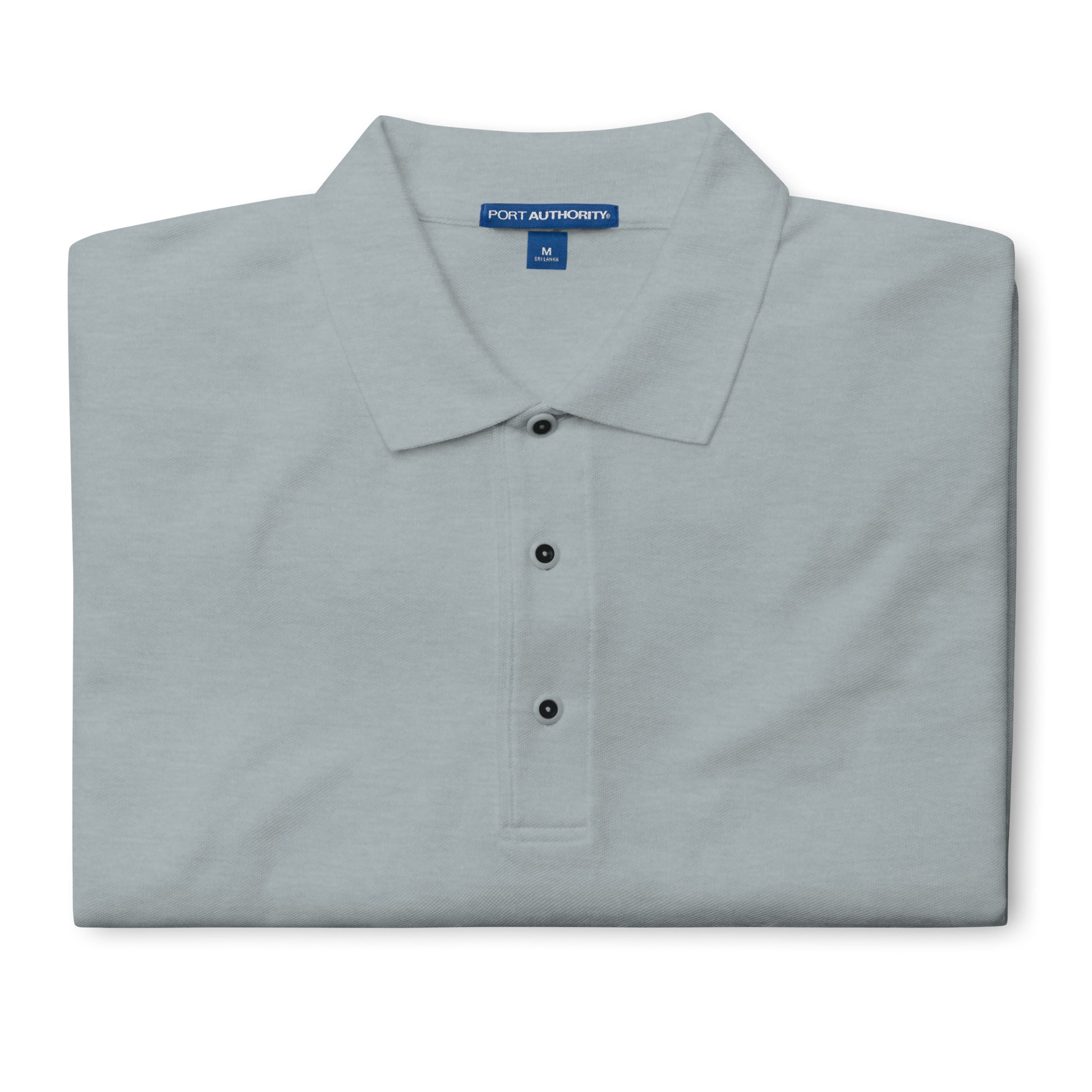 Port Authority Men's Premium Polo shirt in a relaxed fit, featuring a flat knit collar, metal buttons, and HFT store embroidery heather half 