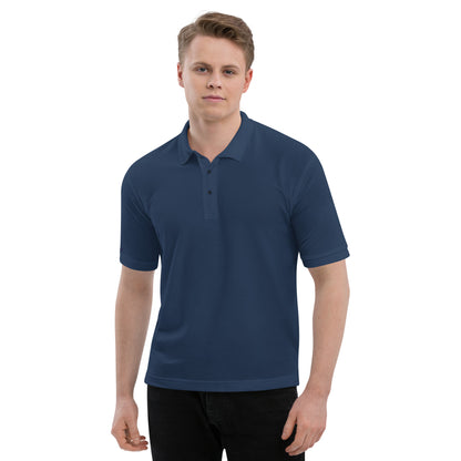 Port Authority Men's Premium Polo shirt in a relaxed fit, featuring a flat knit collar, metal buttons, and HFT store embroidery navy front