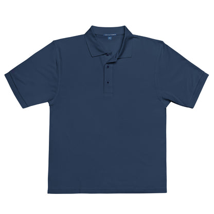 Port Authority Men's Premium Polo shirt in a relaxed fit, featuring a flat knit collar, metal buttons, and HFT store embroidery navy front