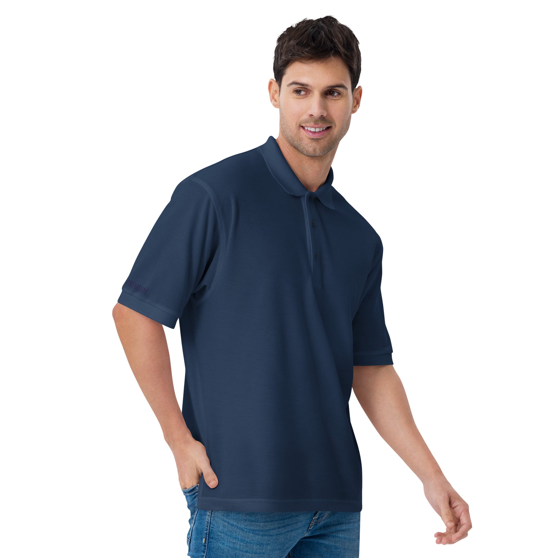 Port Authority Men's Premium Polo shirt in a relaxed fit, featuring a flat knit collar, metal buttons, and HFT store embroidery navy front