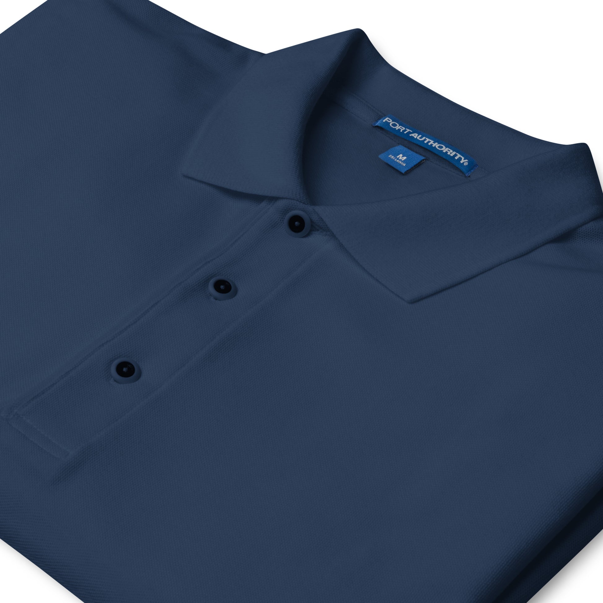 Port Authority Men's Premium Polo shirt in a relaxed fit, featuring a flat knit collar, metal buttons, and HFT store embroidery navy front  collar detail