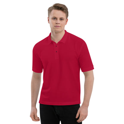 Port Authority Men's Premium Polo shirt in a relaxed fit, featuring a flat knit collar, metal buttons, and HFT store embroidery red front male