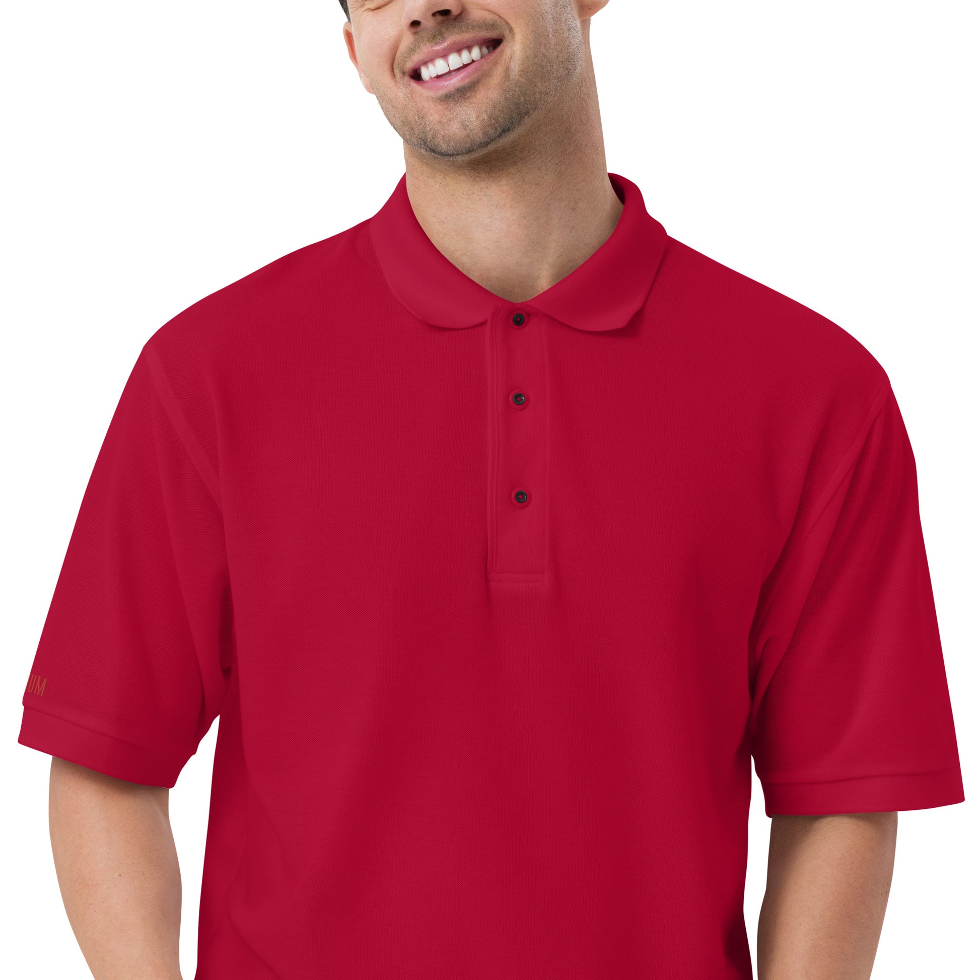 Port Authority Men's Premium Polo shirt in a relaxed fit, featuring a flat knit collar, metal buttons, and HFT store embroidery red front  half body